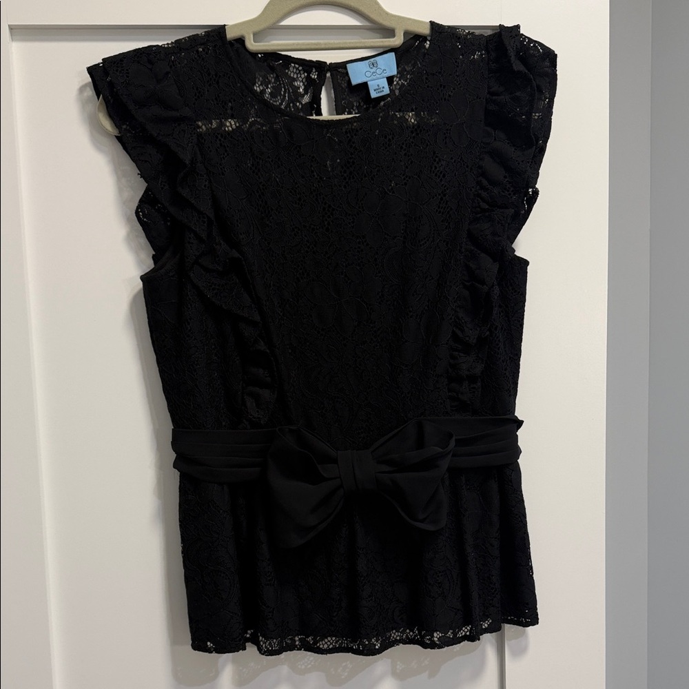 CeCe Black Lace Ruffle Blouse with Bow